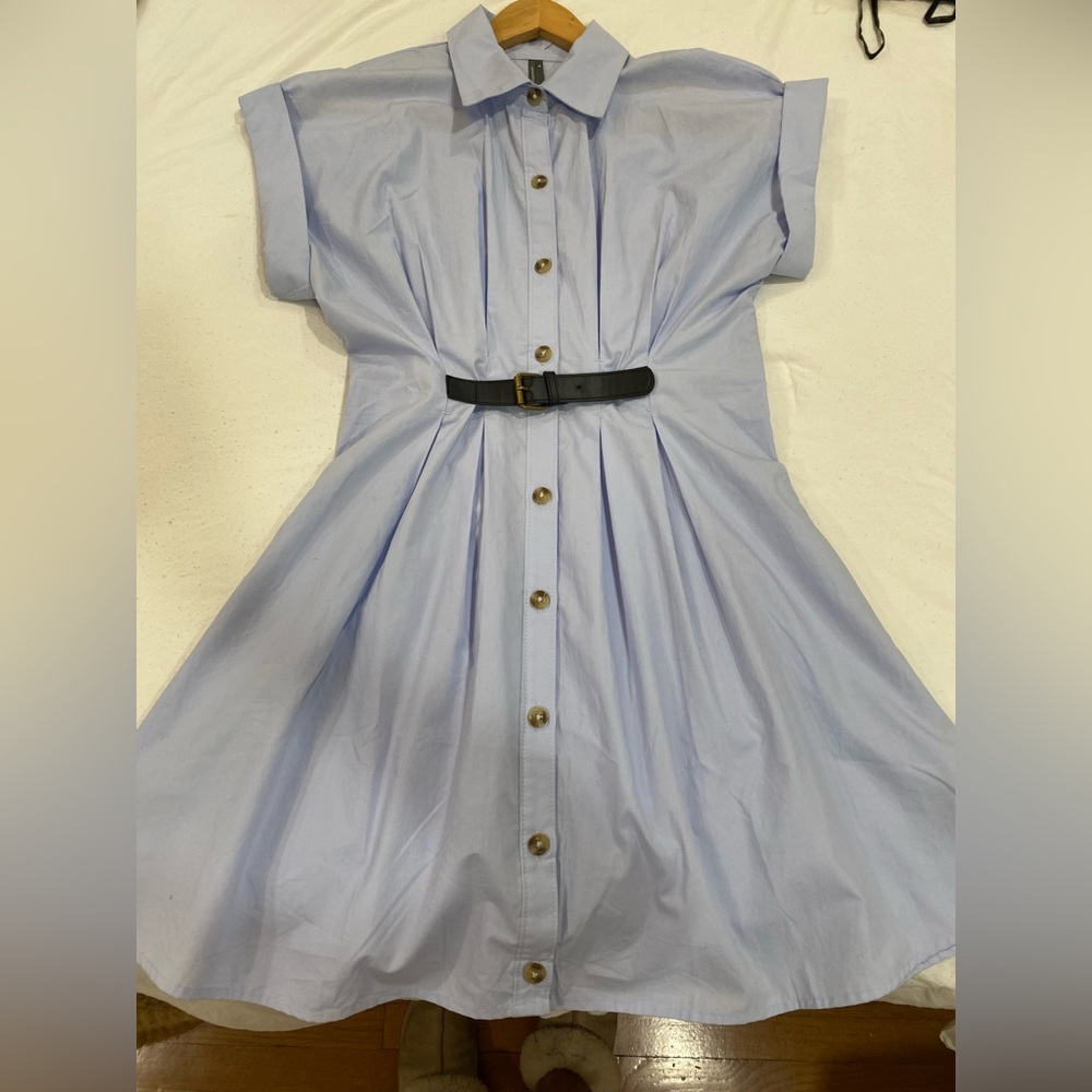 Anthropologie - XS- Light Blue Button-Up mini dress with attached Black belt!